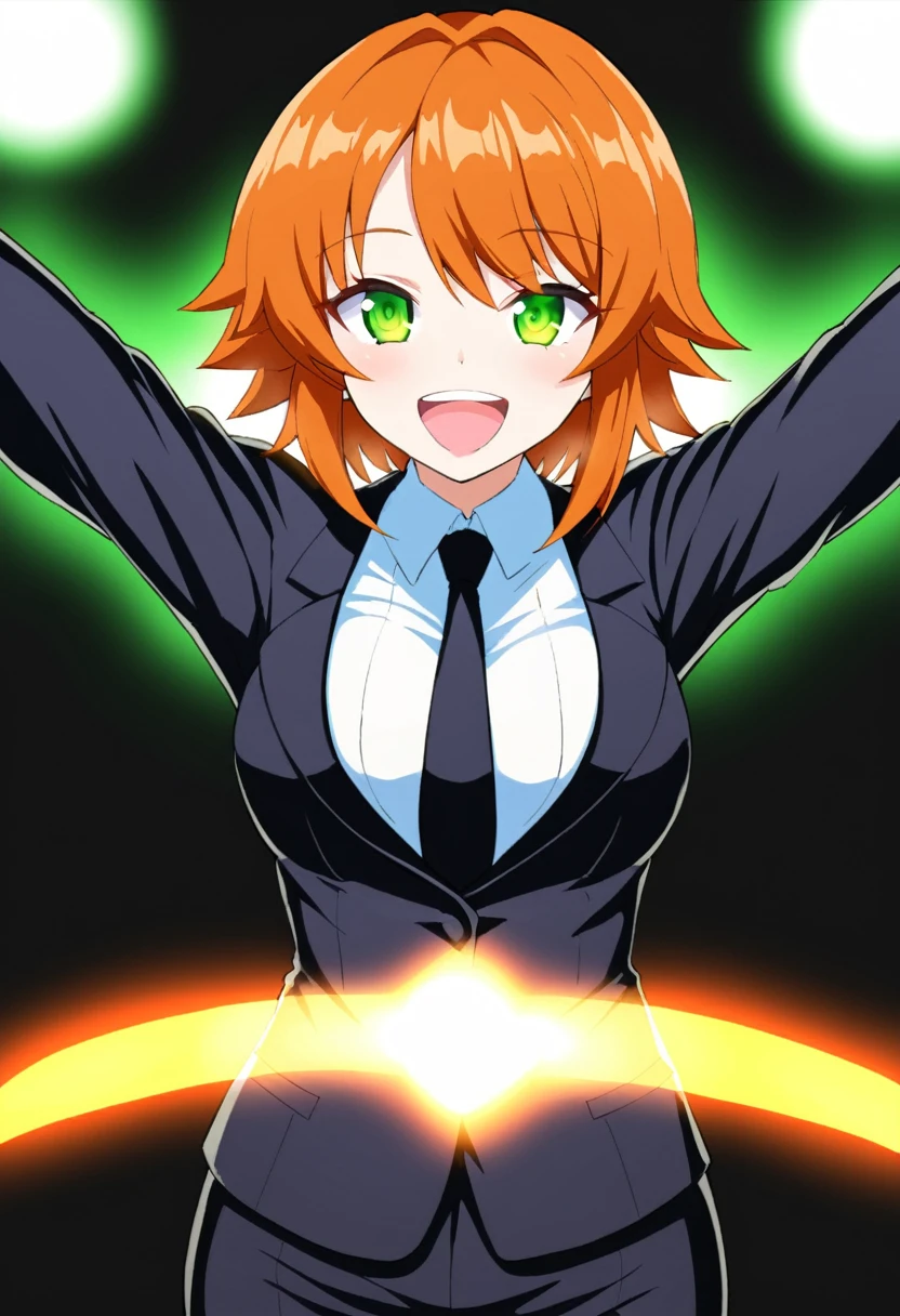 sexy,  NFSW, white skin, anime woman, happy, glowing green eyes, extremely short glowing orange hair, wearing a suit