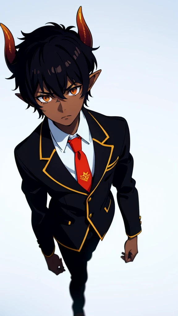(1boy,18 years old,teen,solo),((dark skin)),short hair,hair between eyes,black hair,elf ears,(horns),orange eyes,(no background, simple background),red necktie,black jacket, blazer,long sleeves,pant,walking,(from above)