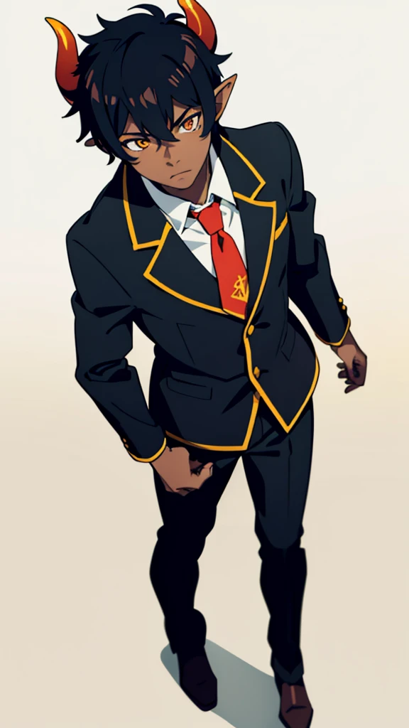 (1boy,18 years old,teen,solo),((dark skin)),short hair,hair between eyes,black hair,elf ears,(horns),orange eyes,(no background, simple background),red necktie,black jacket, blazer,long sleeves,pant,walking,(from above)