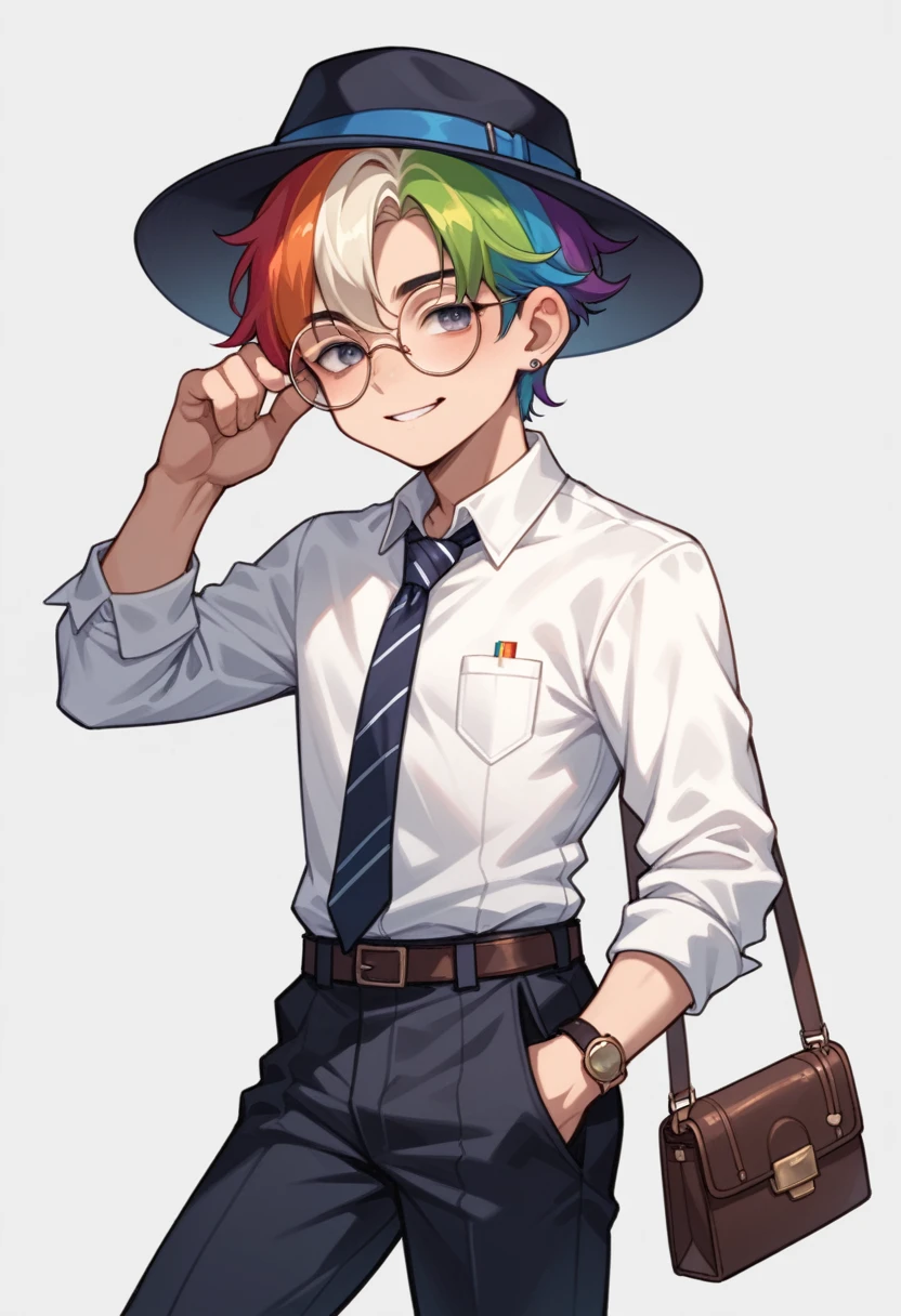 score_9, score_8_up, score_7_up source_chibi, 1 boy, young boy, sexy boy, boy, sexy, erótic, colored hair, Rainbow hair, business clothes, hat, round glasses.
