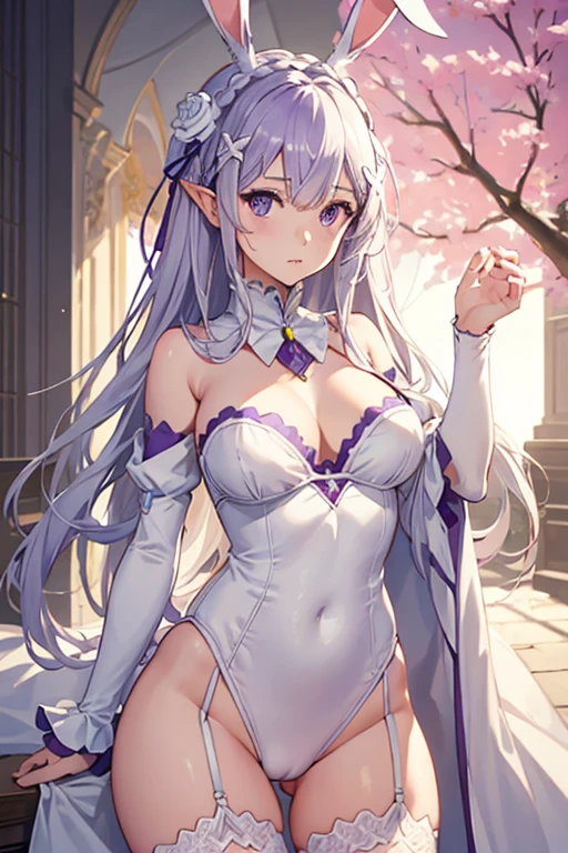 RezeroEmilia, emilia, braid, crown braid, flower, hair flower, hair ornament, hair band, wide, pointy ears, (purple eyes:1.2), by white, x hair ornament,
BREAK white bunny costume, Leotard, sexy, tight skin, medium breasts, neckline, rabbit ears, fishnet stockings, garter straps, The Great Passage,
REST outdoors, City,
REST looking at the viewer, cowboy shot, whole body, BREAK (Masterpiece:1.2), Best Quality, high resolution, unity wallpaper 8k, (illustration:0.8), (Beautiful detailed eyes:1.6), extremely detailed face, perfect lighting, Extremely detailed CG, (perfect hands, perfect anatomy),