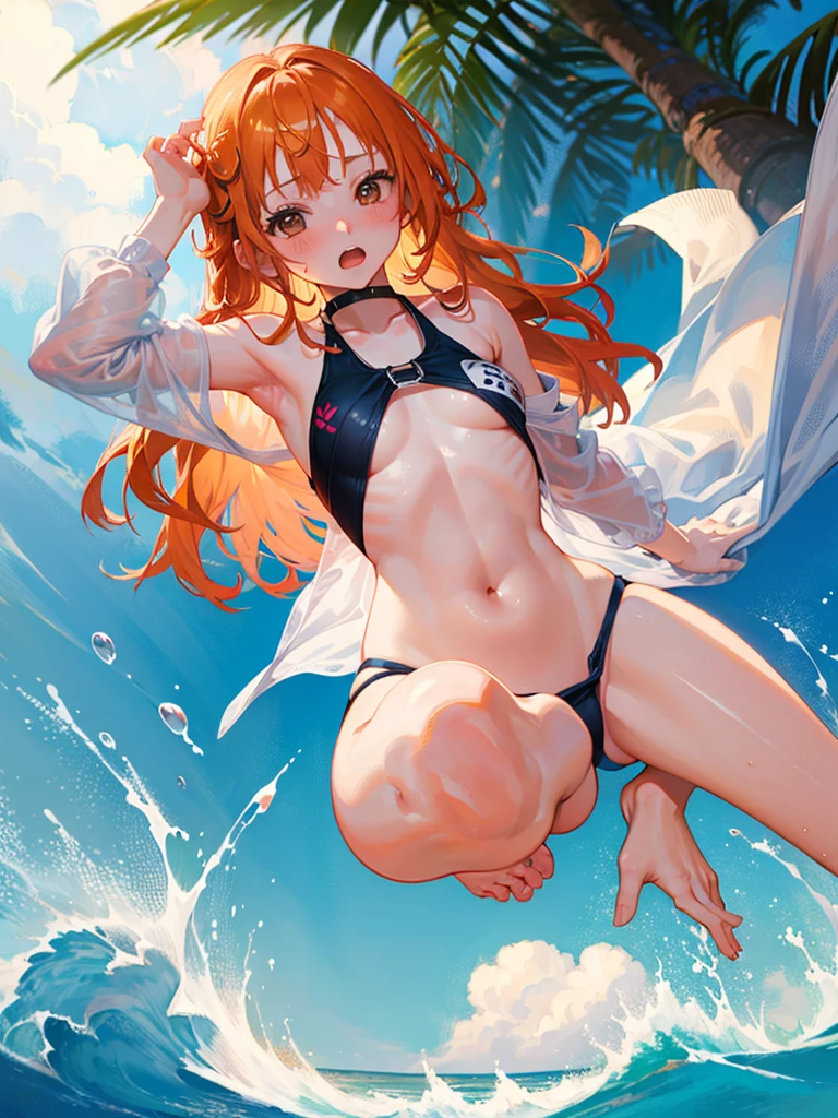 Random patterned swimsuit、Random patterned swimsuit,Swimsuit,Blushing、Semi-long hair、Orange Hair、Pale brown eyes　、Head to toe full body、Blushing、Embarrassed look、Composition from the front、A view from slightly below、school swimwear、Acme Face、Random pose、, 、nsfw、Highest quality、1 girl、solo、Ocean、Sandy Beach、Sexy pose、Random pose、Blushing、wet、Embarrassed、I can see half of my 、、One piece swimsuit、(Strap slip:1.3)、