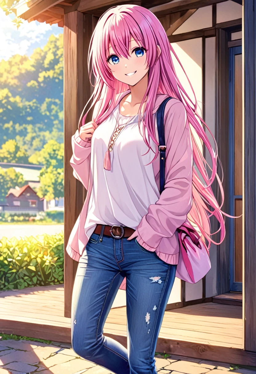 Megurine Luka smile casual clothes jeans colorful morning peace