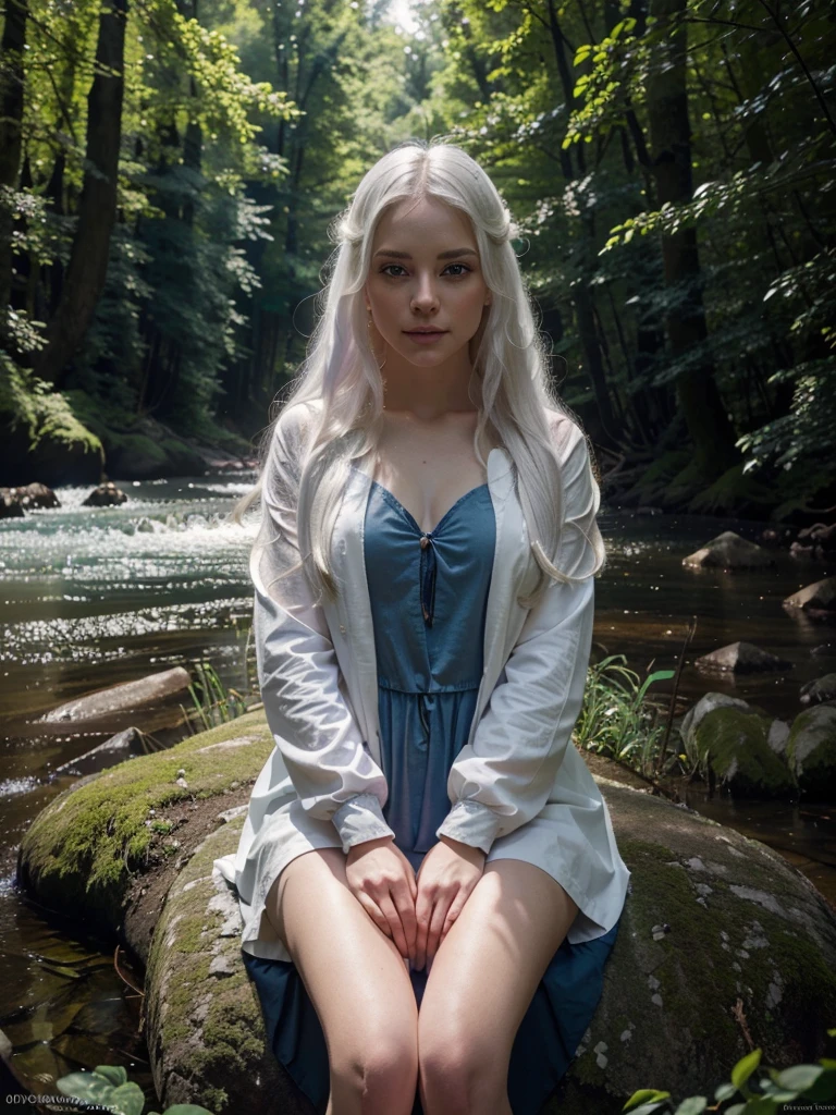 a beautiful white-haired girl with violet eyes, long white hair, sitting barefoot by an enchanted forest stream, wearing a light black dress and a large sky blue jacket, detailed facial features, serene expression, (best quality,4k,8k,highres,masterpiece:1.2),ultra-detailed,(realistic,photorealistic,photo-realistic:1.37),intricate details,striking color palette,vibrant lighting,cinematic composition,fantasy art