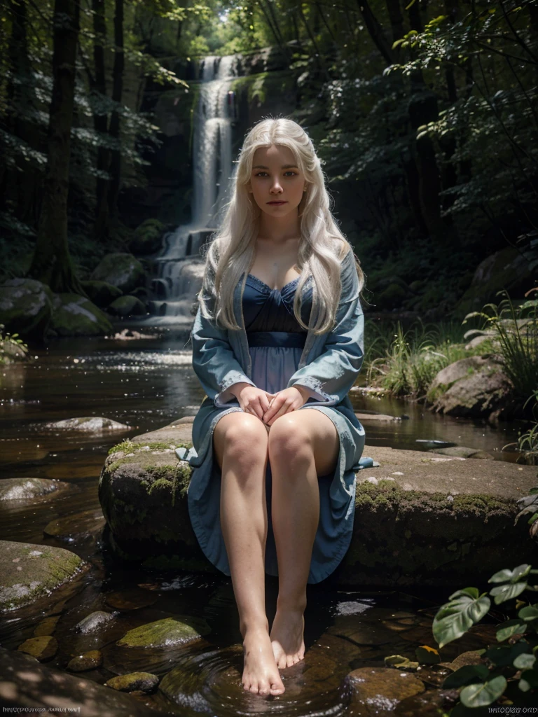a beautiful white-haired girl with violet eyes, long white hair, sitting barefoot by an enchanted forest stream, wearing a light black dress and a large sky blue jacket, detailed facial features, serene expression, (best quality,4k,8k,highres,masterpiece:1.2),ultra-detailed,(realistic,photorealistic,photo-realistic:1.37),intricate details,striking color palette,vibrant lighting,cinematic composition,fantasy art