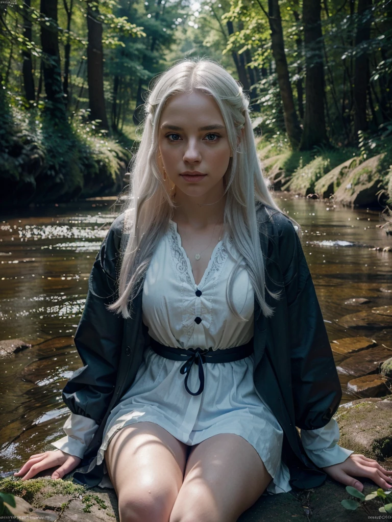 a beautiful white-haired girl with violet eyes, long white hair, sitting barefoot by an enchanted forest stream, wearing a light black dress and a large sky blue jacket, detailed facial features, serene expression, (best quality,4k,8k,highres,masterpiece:1.2),ultra-detailed,(realistic,photorealistic,photo-realistic:1.37),intricate details,striking color palette,vibrant lighting,cinematic composition,fantasy art