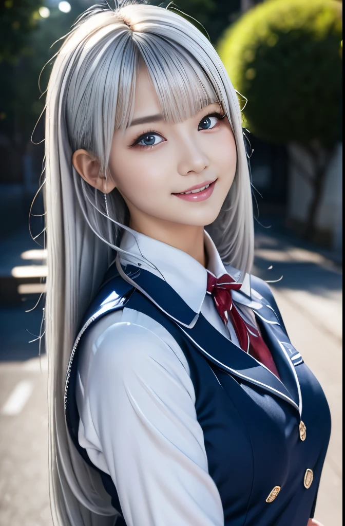 A tall, beautiful woman with white hair at school、Ultra-high resolution、Highest quality、masterpiece、Ultra high definition、Very detailed,JK Uniform,Japanese high school girls、Soft skin texture、Soft lips、Silky Platinum Silver Hair、whole body:0.8、Cute Girl、Small smile、Photogenic、Cowboy Shot、