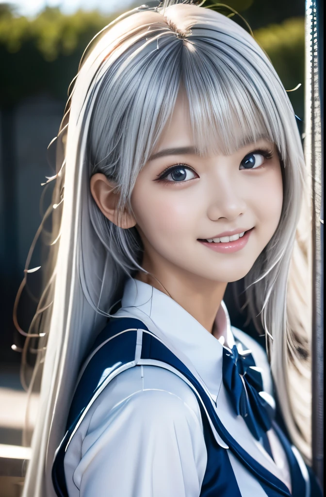 A tall, beautiful woman with white hair at school、Ultra-high resolution、Highest quality、masterpiece、Ultra high definition、Very detailed,JK Uniform,Japanese high school girls、Soft skin texture、Soft lips、Silky Platinum Silver Hair、whole body:0.8、Cute Girl、Small smile、Photogenic、Cowboy Shot、