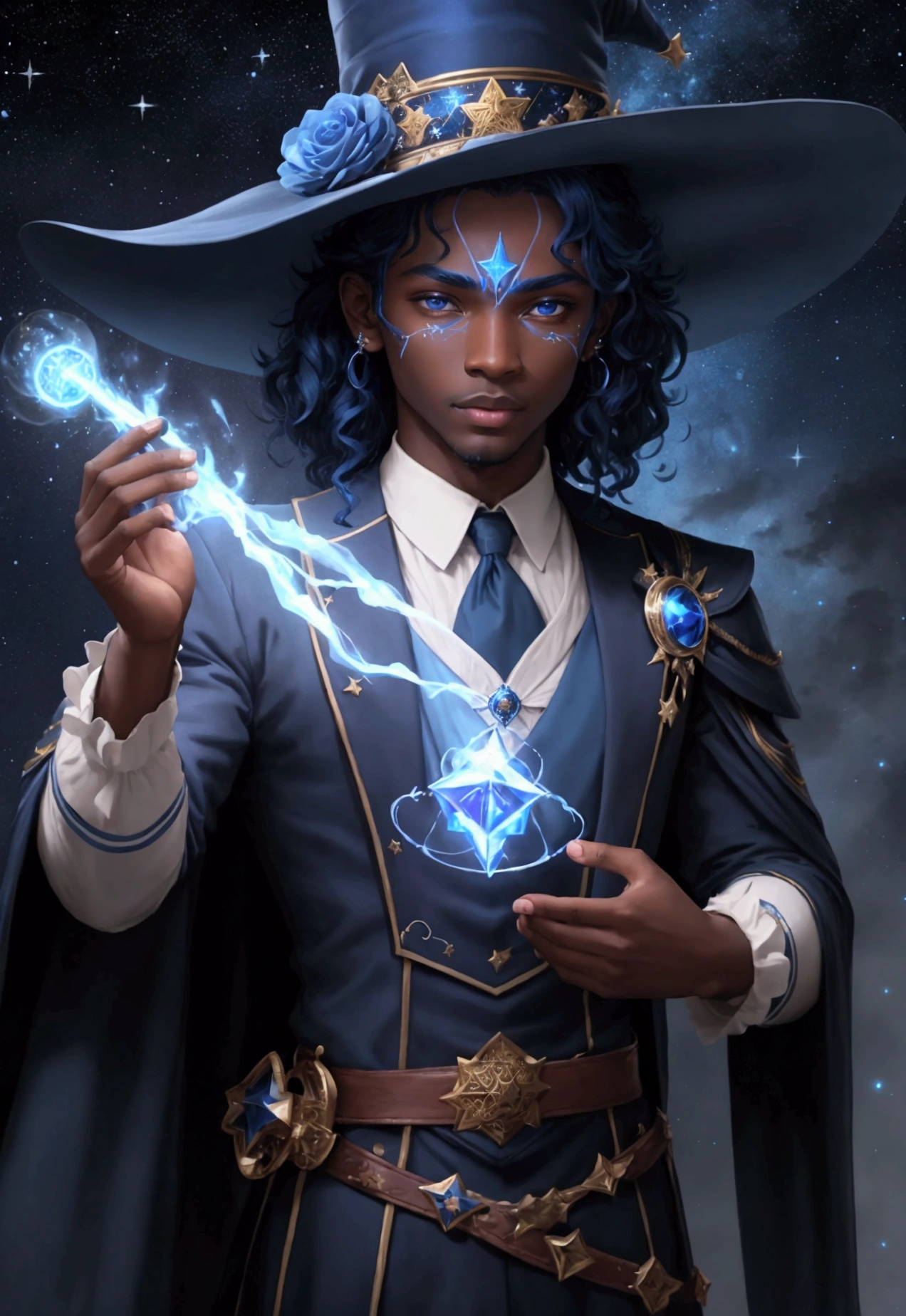 ((best qualityer)), ((work of art)), (detailded), 1 men, Youngh, darkskin, black curls, magician, Mediovale, Wide hat, blue and starry hat, chapéu de magician azul, starry outfit, magie, magician, sorcerer, bonitas, blue and white outfit, RPG, blue colored eyes, magical atmosphere, blue background, blue glow on the face, star designs on forehead
