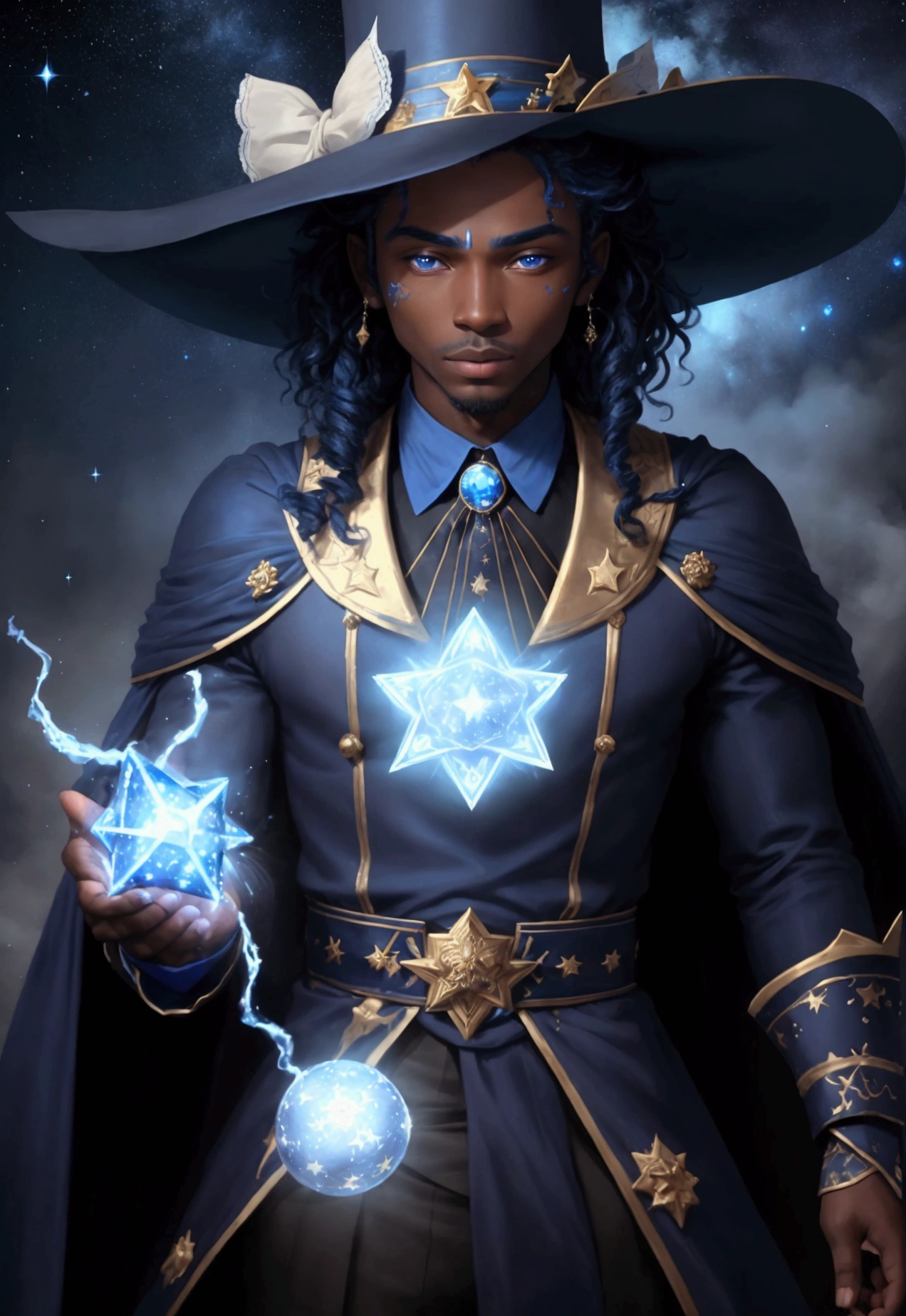 ((best qualityer)), ((work of art)), (detailded), 1 men, Youngh, darkskin, black curls, magician, Mediovale, Wide hat, blue and starry hat, chapéu de magician azul, starry outfit, magie, magician, sorcerer, bonitas, blue and white outfit, RPG, blue colored eyes, magical atmosphere, blue background, blue glow on the face, star designs on forehead