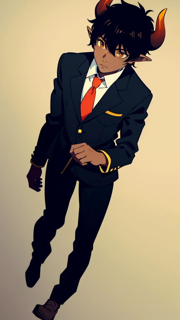 (1boy,18 years old,,solo),((dark skin)),short hair,hair between eyes,black hair,elf ears,(horns),orange eyes,(no background, simple background),red necktie,black jacket, blazer,long sleeves,pant,walking,(from above),shy