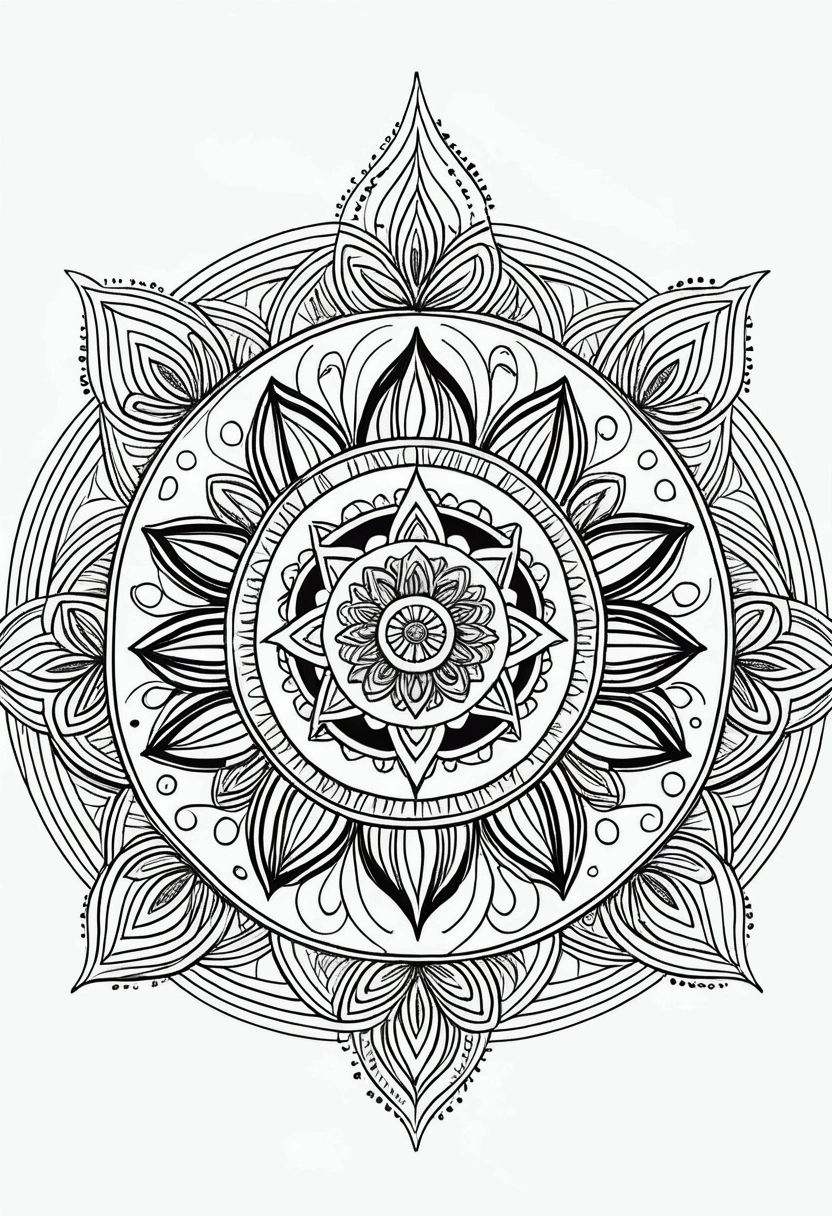 illustration with precise black linear strokes on white background. Mystical mandalas inspired by esoteric symbols and tribal art, with complex patterns and fine lines, ideal for promoting mindfulness and stress relief; each mandala incorporates elements of nature and the cosmos; ethereal and celestial background environment; atmosphere of serenity and introspection; Intricate and detailed art style, perfect for accurate coloring; illustration technique focusing on symmetry and balance.