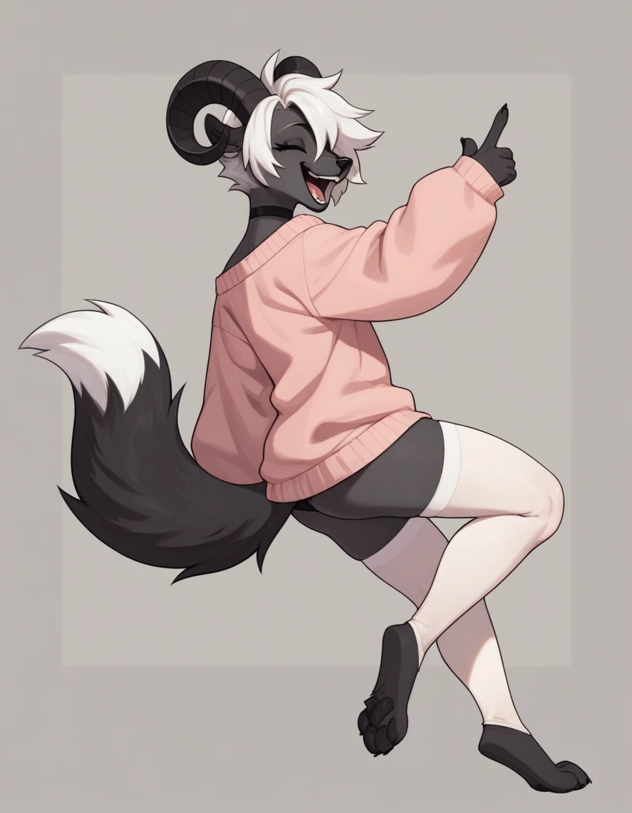 Solo, Score_9, score_8_up, score_7_up, An Anthro furry fox girl, dark grey furry body, fox tail, , black nose, white hair, spiky hair, wearing oversized sweater, white thigh highs, one foot up and in view, exposed toes, 4 toes, mouth open, laughing, rear view, (curved horns), black choker, black detailed choker, feminine, dark fur