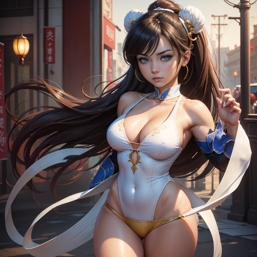 Highly detailed CG unit 8K wallpaper, masterpiece, High resolution, highest quality, highest quality real texture skin, Super Real, Digital Painting, Best image quality, 最High resolution, 8K, (((1 girl))), Very beautiful teenager, ((Highly detailed eyes and face)), Beautiful eyes in every detail,  chun-li from street fighters series , white panty , fight in the streets , chinese dragon background , perfect eyes ,