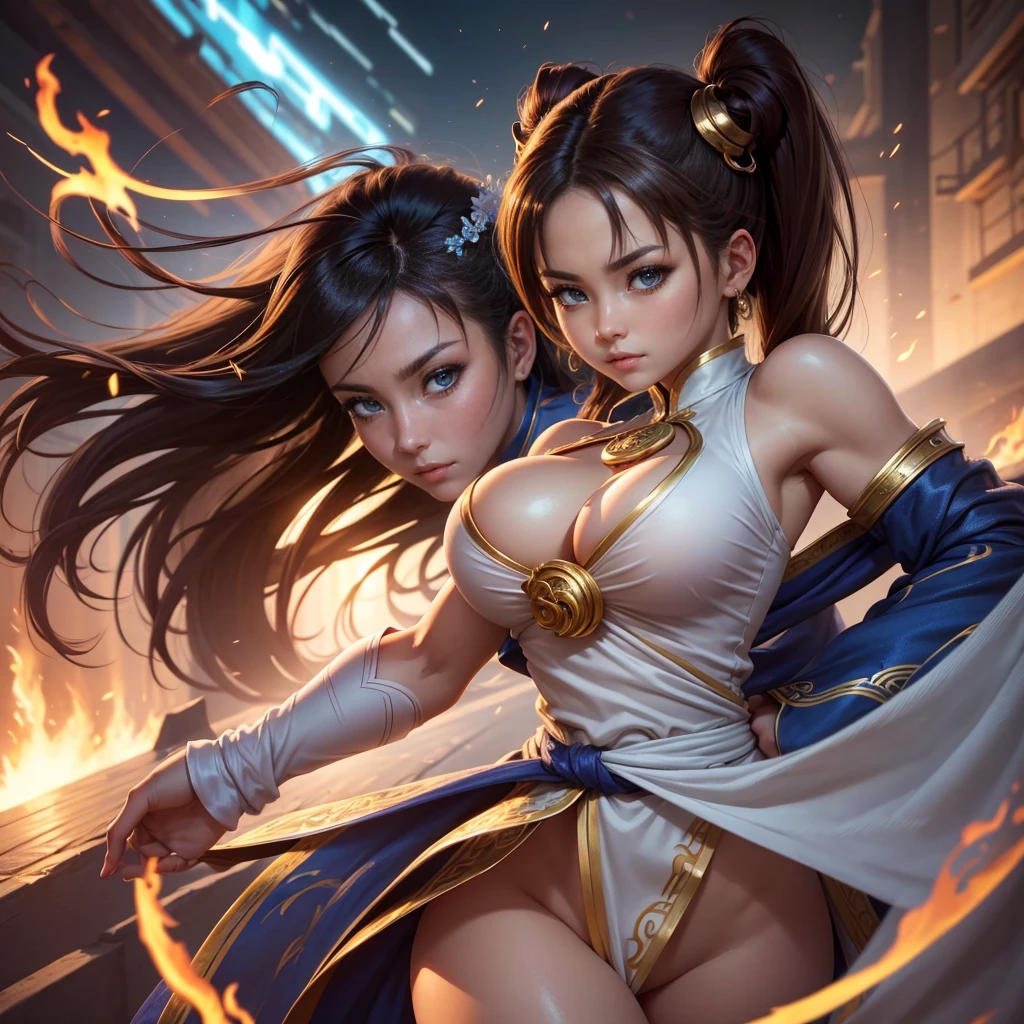 Highly detailed CG unit 8K wallpaper, masterpiece, High resolution, highest quality, highest quality real texture skin, Super Real, Digital Painting, Best image quality, 最High resolution, 8K, (((1 girl))), Very beautiful ager, ((Highly detailed eyes and face)), Beautiful eyes in every detail, chun-li from street fighters series , white panty , fight in the streets , chinese dragon background , perfect eyes ,