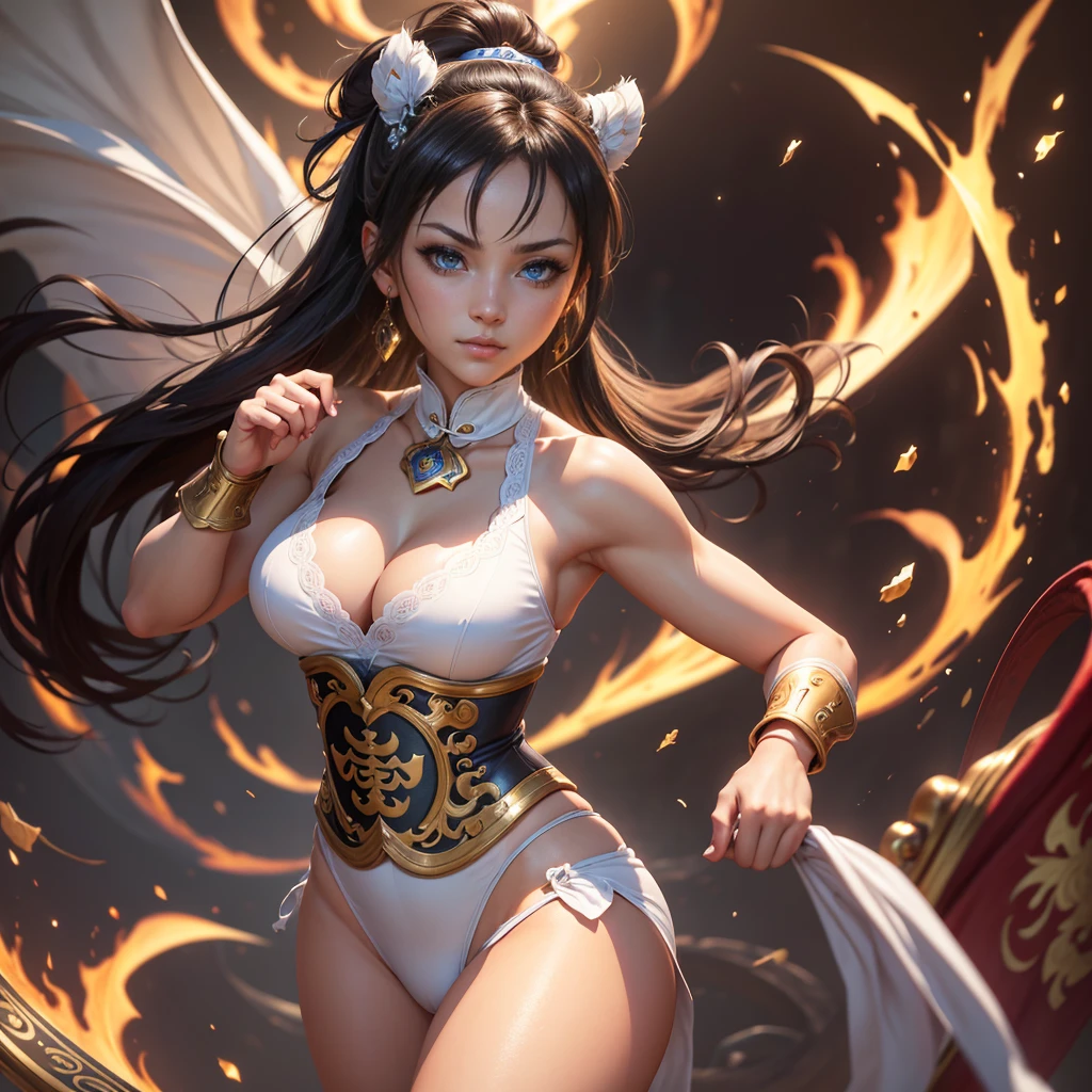 Highly detailed CG unit 8K wallpaper, masterpiece, High resolution, highest quality, highest quality real texture skin, Super Real, Digital Painting, Best image quality, 最High resolution, 8K, (((1 girl))), Very beautiful teenager, ((Highly detailed eyes and face)), Beautiful eyes in every detail,  chun-li from street fighters series , white panty , fight in the streets , chinese dragon background , perfect eyes ,