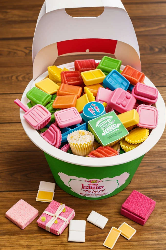 Create an advertising image of an arrangement of a little box that has: cupcake, gummies, 1 snack , 1 juice box, everything in the basket for girls and boys