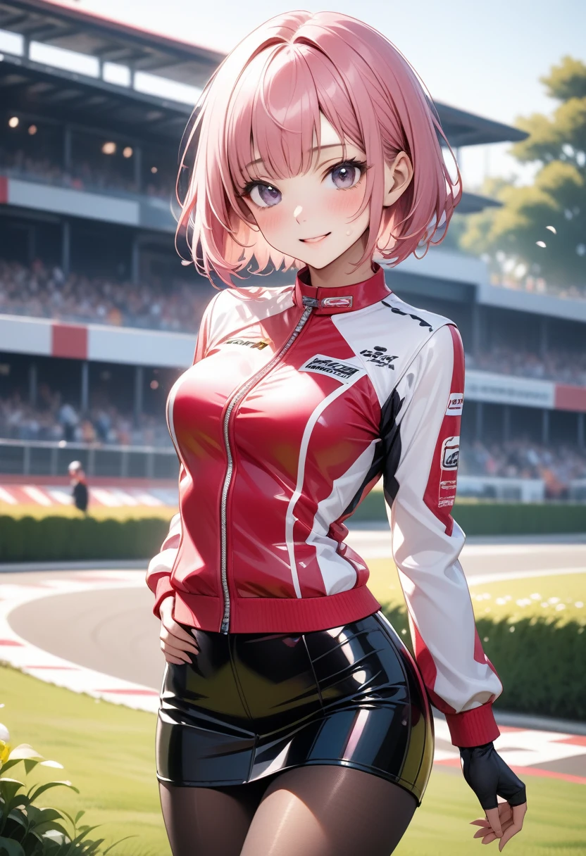 ((race queen)), ((skirt)), luster Outfit, (Black pantyhose), (latex high heel boots),  skinny, solo, 1 woman, Masterpiece, highest quality, highest quality, 16K, incredibly absurd, highly detailed, 2.5D, ai-generated, delicate and dynamic, very delicate facial expressions, delicate eye depiction, erotic, only sexy woman, ((A cute and kind face)), healthy figure, ((25-year-old woman)), 160cm tall, medium firm swaying bust, (short hair), (pink hair:1.5), bob cut, black eye, blush, Sweat,Embarrassed,sexy, ((thin thighs)), (camel toe:0.8), (Erect nipples:0.9), (visible nipples:0.5), ((shiny and lustrous)), facing straight at viewer, smile, (standing), cowboy shot, ((arm at side)), Large park, daytime, bright, on the grass,
