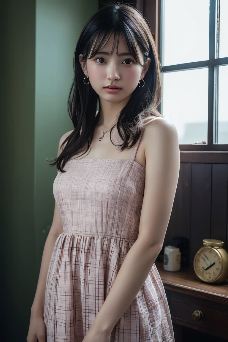 (Highest quality:1.4)，(masterpiece:1.4)，(Realistic:1.4)，(Realistic:1.2)，(超High resolution， RAW Photos:1.4)，(High resolution， Ultra-detailed:1.2)，(8K:1.2)，View your viewers，Cinematic photography，One girl，skeletally correct，Black-haired woman，(Small earrings，necklace，Plaid tube top，Pale pink dress，Beautiful body lines，View from the front)，（Western-style building interior，Dimly lit room，The lamplight shines on my cheeks）