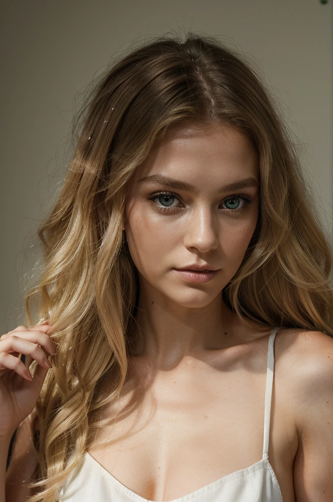26 year old woman, long blonde hair with little curls, green eyes, Perfect, symmetrical face, professional makeup like model, C et portant un haut noir regarde bien fixé vers la caméra
