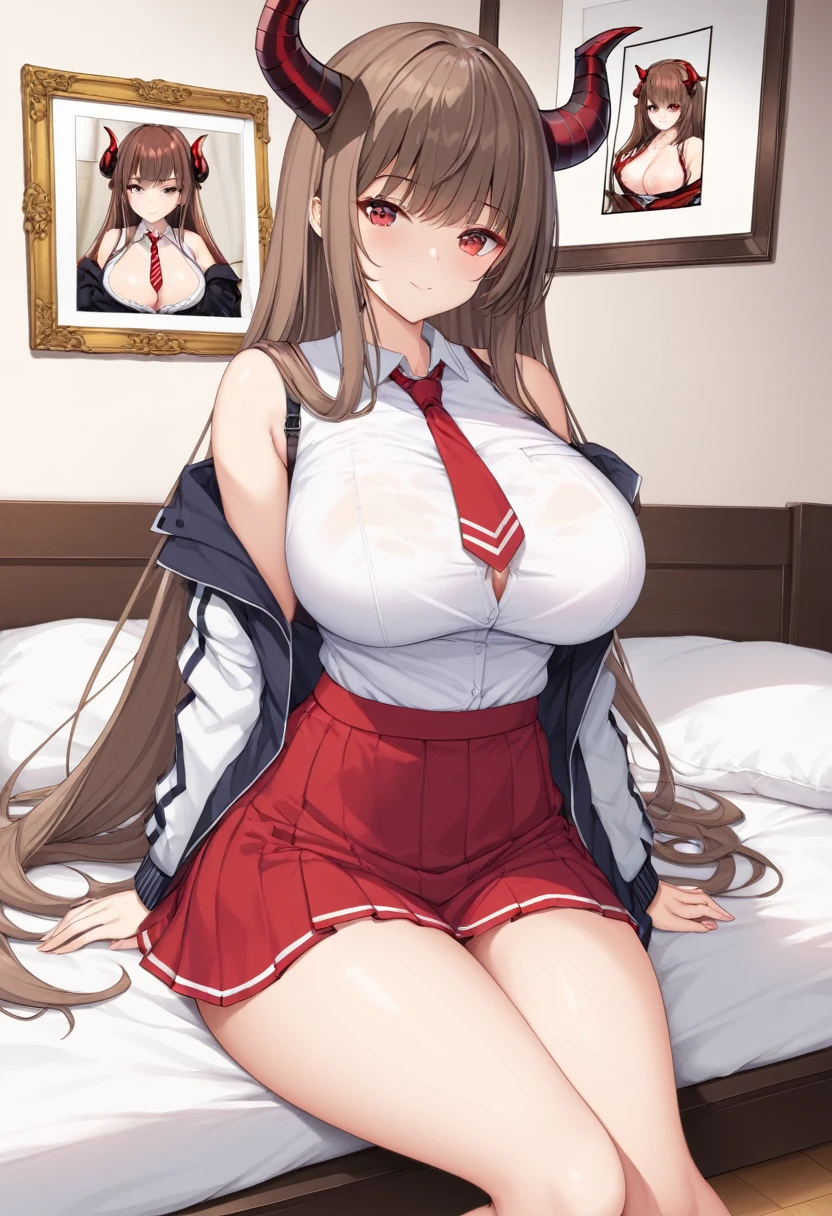 a woman in red and white is sitting on a bed. the person has horns and eyes, 1girl, breasts, thighs, solo, long hair, sitting, horns, skirt, red eyes, large breasts, off shoulder, shirt, looking at viewer, red skirt, white shirt, jacket, brown hair, picture frame, necktie, bangs, closed mouth, sleeveless, indoors, very long hair