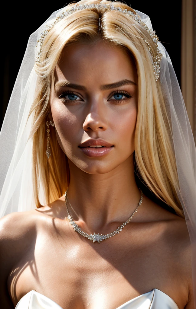 portrait of a beautiful blonde woman, 25 years old, necklace, blonde hair, veil, wedding dress, Adriana Lima