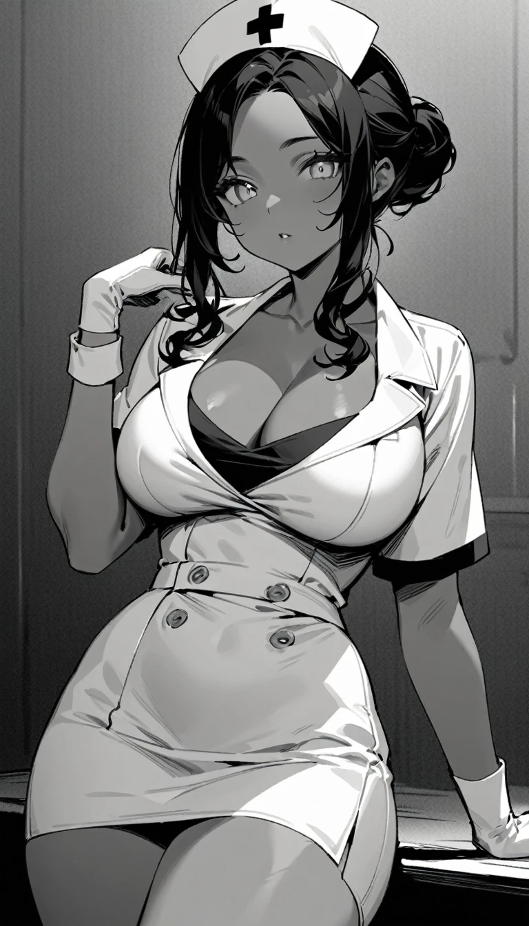 masterpiece, best quality, grayscale, monochrome, 1girl, solo, adult, tanned skin, black hair, short hair, wavy hair, hairbun, hair sidelocks, parted bangs, light eyes, tight nurse outfit, cleavage, pencil skirt, white gloves, nurse cap, large breasts