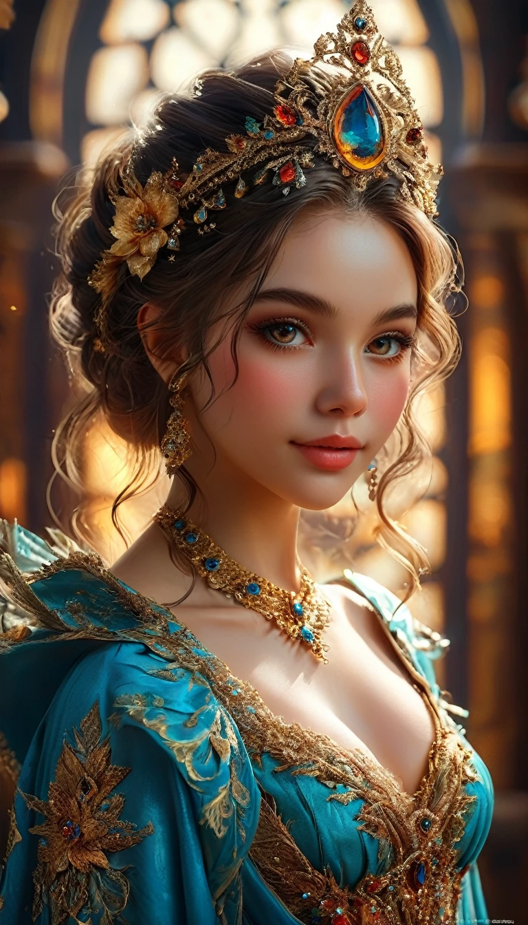 full body shot, realistic photography, beautiful detailed eyes, beautiful detailed lips, extremely detailed eyes and face, long eyelashes, 1 goddess of love, sexy look, friendly look, smile, light and little transparent tunic, high quality, 8k, ultra detailed, realistic, photorealistic, physically-based rendering, vivid colors, warm lighting, intricate details, cinematic, digital painting, fantasy, elegant, glowing skin