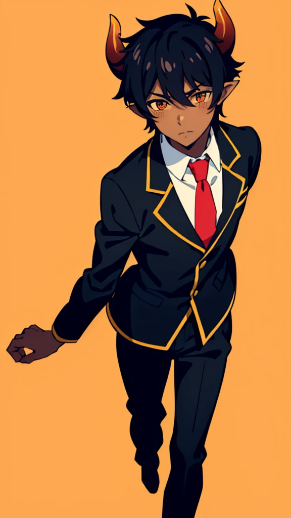 (1boy,18 years old,teen,solo),((dark skin)),short hair,hair between eyes,black hair,elf ears,(horns),orange eyes,(no background, simple background),red necktie,black jacket, blazer,long sleeves,pant,walking,(from above),shy,blush