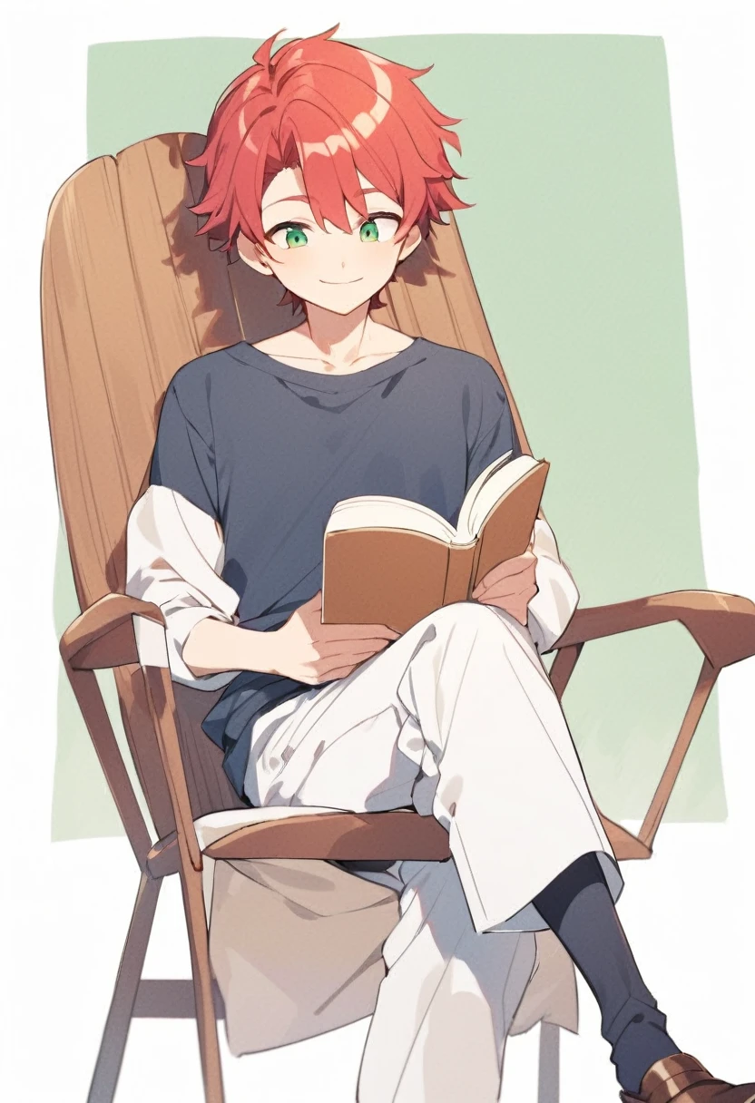 Young boy, naughty man, reading alone, deitado na grama, tall and slim, youthful face, red hair, greeneyes, skin fair, has a simple smile, cross legs, reading a brown book