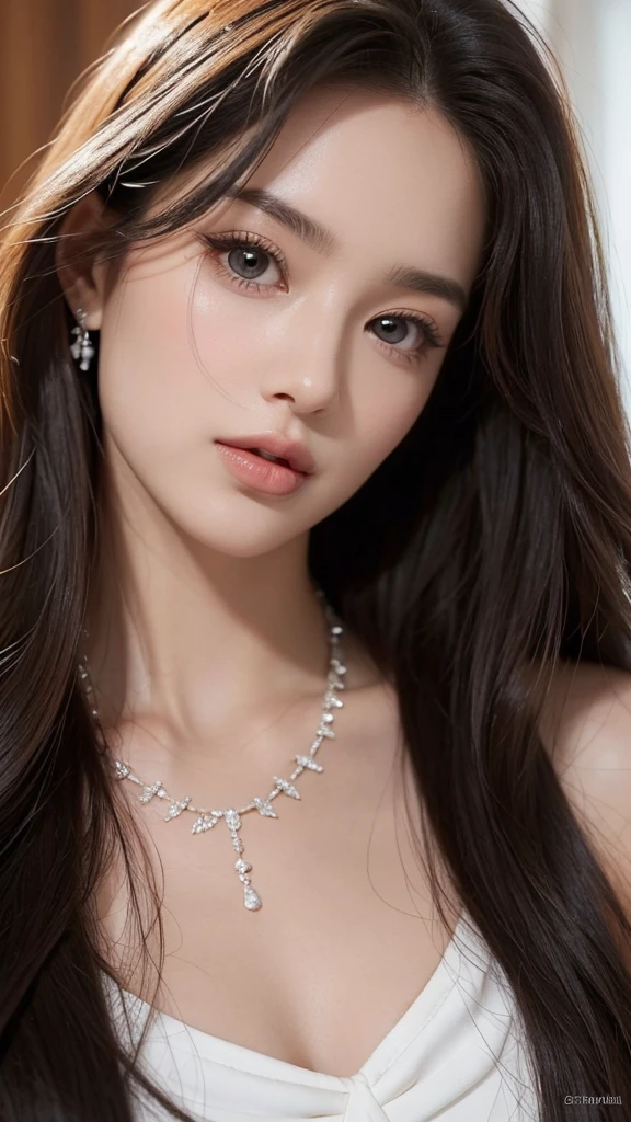 a close up of a woman with long hair and a necklace, gorgeous attractive face, attractive female face!!!, very very very beautifull face, attractive beautiful face, extremely beautiful face, very beautiful face, beautiful eyes and face, perfect face and eyes, feminine beautiful face, perfect face ), gorgeous face, beautiful face!!, beautiful shape of face and body, beautiful delicate face