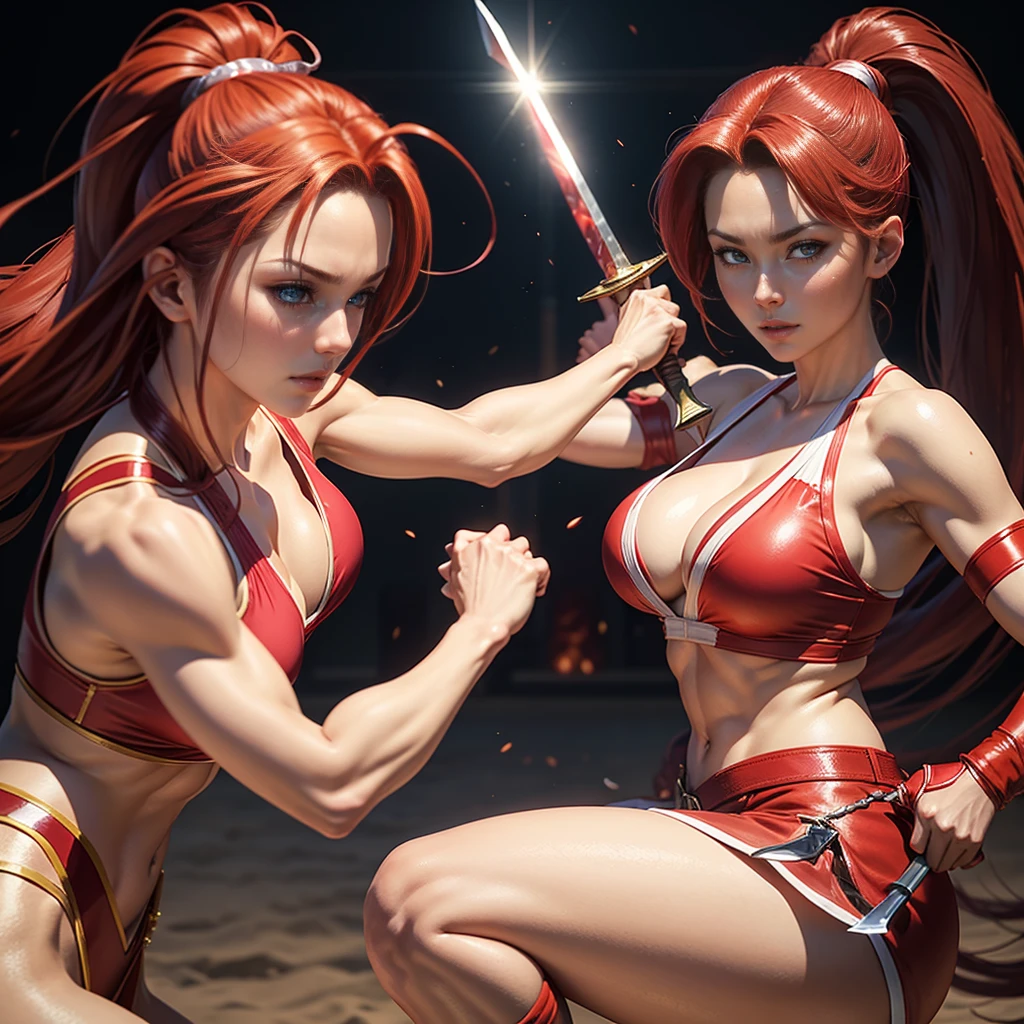 Replace the people in the picture,Close-up of a woman wearing red clothes holding a sword, Mai Shiranui, yoko matsugane as Mai Shiranui, King of Fightersrole in, she is ready to fight, fighting game characters, as《King of Fighters》role in, heroine,Strike a fighter pose