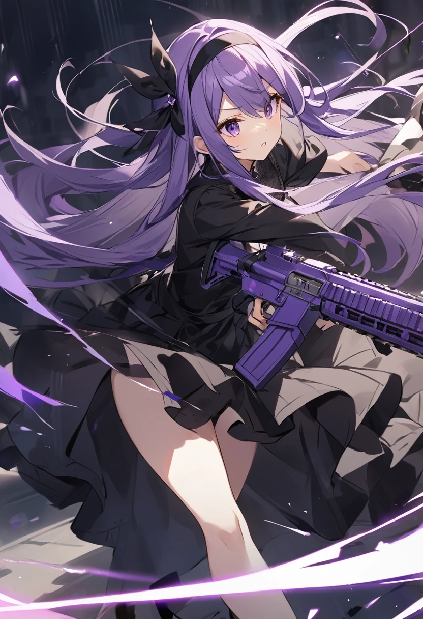 Keito。purple eye。purple Hair。purple assault rifle。black headband。long hair。wearing black dress。princess。action shot。