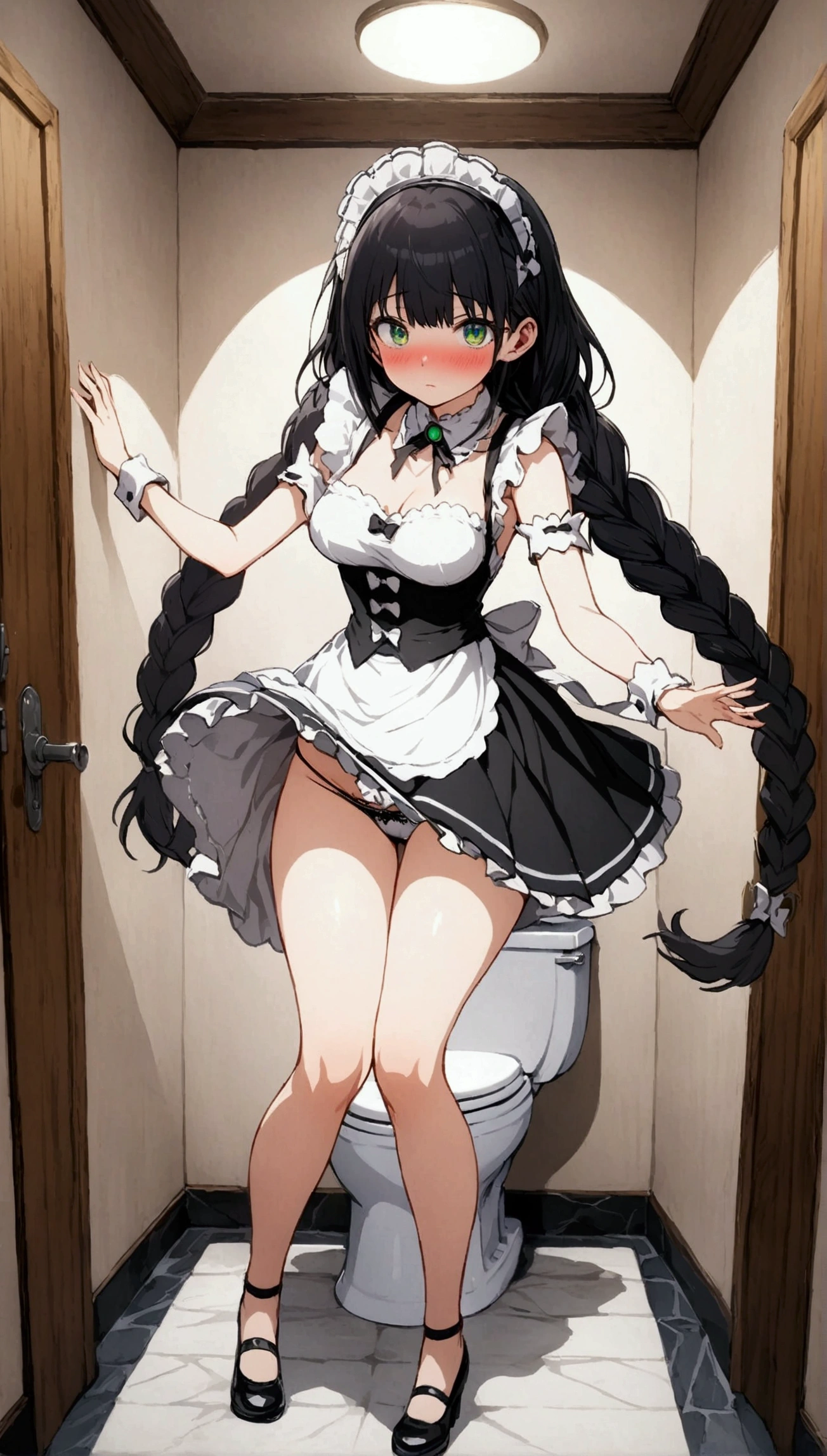 Anime. 1 girl. Housemaid. Black hair. Long hair. Hair is gathered in braids. Green eyes. Beautiful eyes. Perfect eyes. Expressive eyes. Beautiful nose. Ideal anatomical body. Beautiful graceful hands. Beautiful graceful legs. Medium breasts. Beautiful breasts. Maid uniform. Diarrhea. Wants to poop. I need to poop. Pooping diarrhea in panties. I crap myself. Diarrhea flows down the thighs. Standing at the door to the toilet. Full height. Toilet in a mansion. Embarrassment. Blush. Whole body. Extremely detailed CG Unity 8k wallpaper. Ideal lighting. Ultra high resolution 4K. Super detailed 8K resolution.