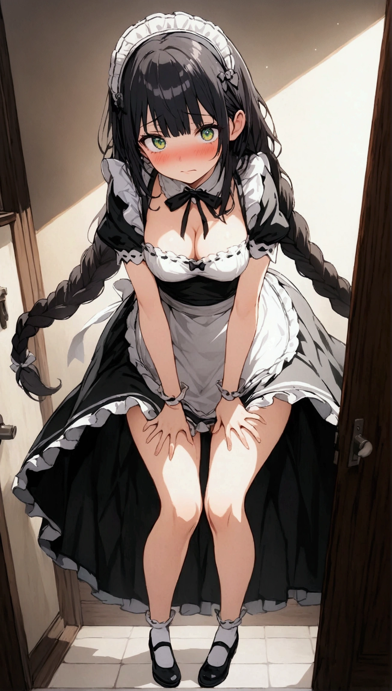 Anime. 1 girl. Housemaid. Black hair. Long hair. Hair is gathered in braids. Green eyes. Beautiful eyes. Perfect eyes. Expressive eyes. Beautiful nose. Ideal anatomical body. Beautiful graceful hands. Beautiful graceful legs. Medium breasts. Beautiful breasts. Maid uniform. Diarrhea. Wants to poop. I need to poop. Pooping diarrhea in panties. I crap myself. Diarrhea flows down the thighs. Standing at the door to the toilet. Full height. Toilet in a mansion. Embarrassment. Blush. Whole body. Extremely detailed CG Unity 8k wallpaper. Ideal lighting. Ultra high resolution 4K. Super detailed 8K resolution.