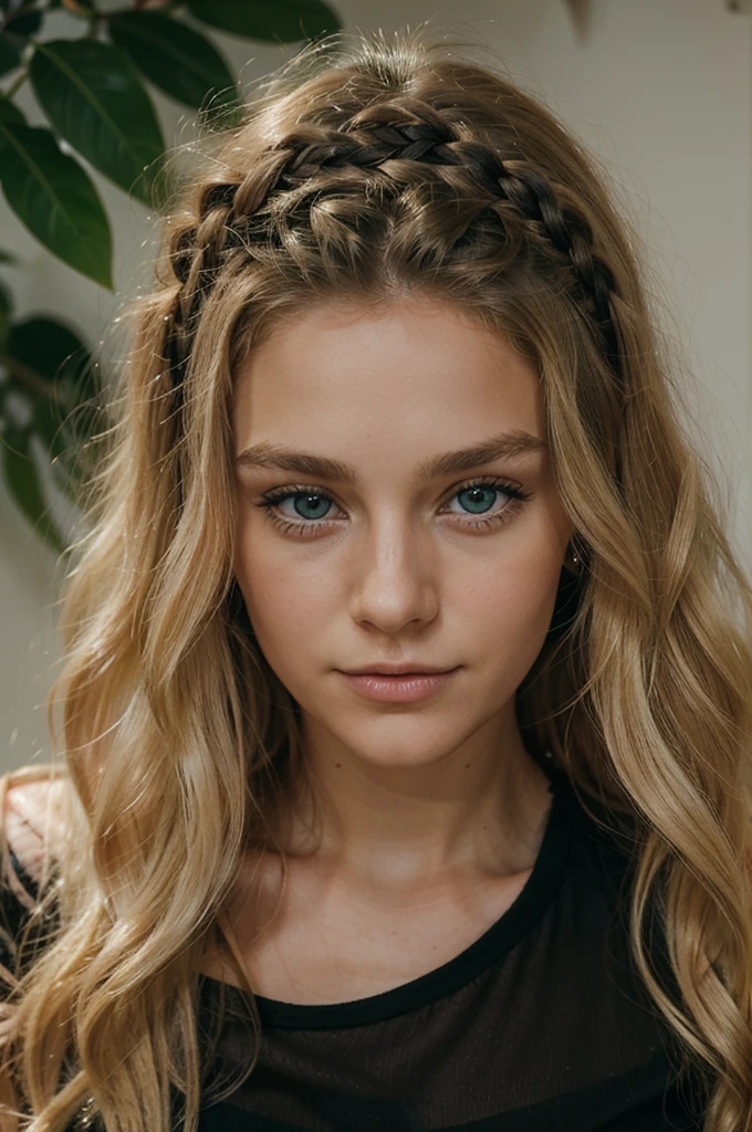 26 year old woman, long blonde hair with little curls, green eyes, Perfect, symmetrical face, C et portant un haut noir regarde bien fixé vers la caméra