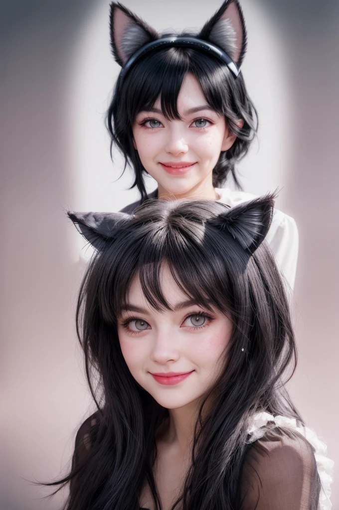black hair, hair bobbles, wince, longeyelashes, solid circle eyes, fake animal ears, light smile, ear blush, fang, ccurate, Surrealism, drop shadow, anaglyph, stereogram, tachi-e, pov, atmospheric perspective, 8k, super detail, best quality