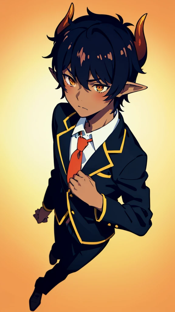 (1boy,18 years old,teen,solo),((dark skin)),short hair,hair between eyes,black hair,elf ears,(horns),orange eyes,(no background, simple background),red necktie,black jacket, blazer,long sleeves,pant,walking,(from above),shy,blush