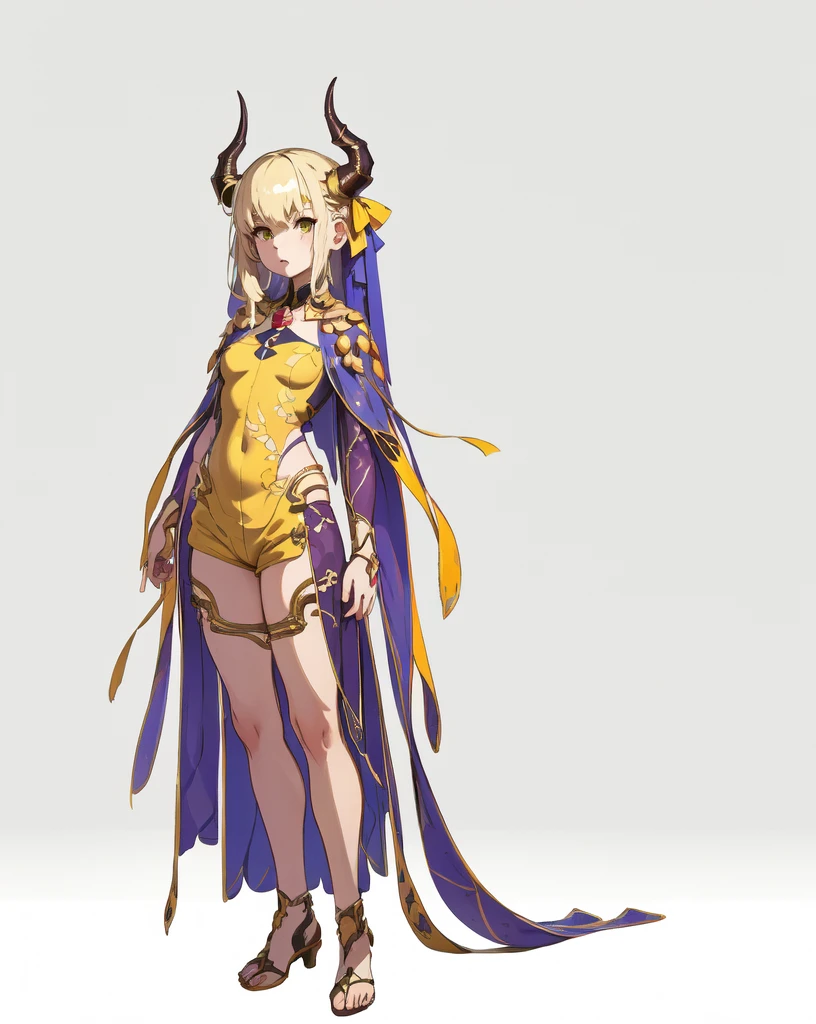 ((masterpiece,Best quality,8 k,A high resolution)),((character concept art)), 1 woman, young adult woman, Yellow medieval summer girl, concept, vines on the hand and horns from the vines, full length, whole body, magic hunter, White shorts, (standing still), (full body showcase), (показать whole body), (no logos on background), (no logo), ((simple background)), ((simple background)), (((empty background)))