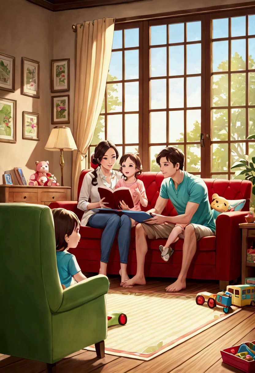 Scene 1: At home
First Shot: Sitting in the living room and watching the children playing in the back garden through a large window.
Mother (with a smile): “I love watching him and he enjoys it.”
Second Shot: Eating in the kitchen having fun on his laptop, while his little one sits and she is coloring at the table.
Father (looking at his daughter): “What do you think of the new colors?”
Third shot: Family meeting in the living room in the evening. The plays with his toys and sits next to him reading a book, while watching TV.
Mother (looking at the child): “How would you like the toy? Do you need help?”