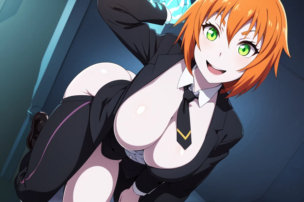 y, NFSW, white skin, anime woman, happy, glowing green eyes, extremely short glowing orange hair, wearing a suit