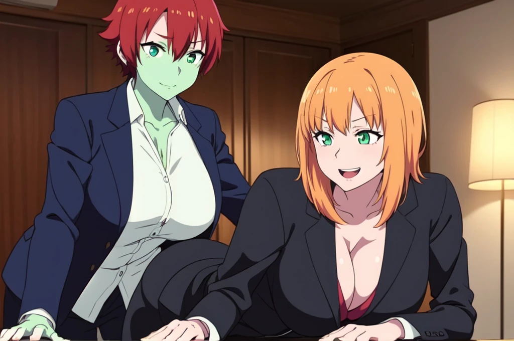 sexy,  NFSW, white skin, anime woman, happy, glowing green eyes, extremely short glowing orange hair, wearing a suit