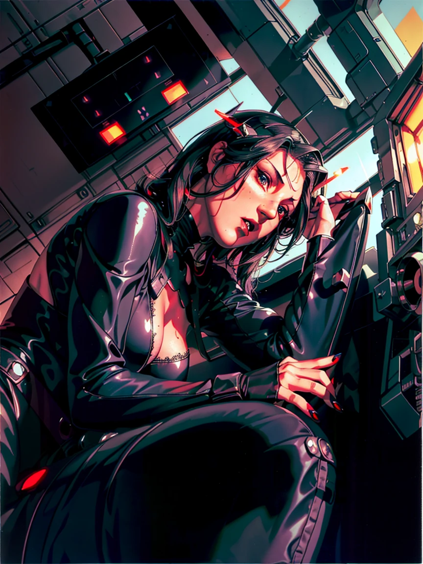 ((gothic vampire piloting in gothic spacecraft)), (((retro anime))), ((from below)), ((100 fov)), ((((gothic)) control panels)), (((mature))), (((gothic))), iridescent bodysuit, ((lace accessories)), ((pilot seat)), ((((lying back)) pose)), ((elegant)), (((serious tone))), ((cockpit top control panel)), intricate control panel details, (close-up), 1990s (style), masterpiece, ((claustrophobic)), best quality, screens, ((pilot helmet)), night, (colorful cockpit lights), sparkles, (serious face), [blushing], [sweat]