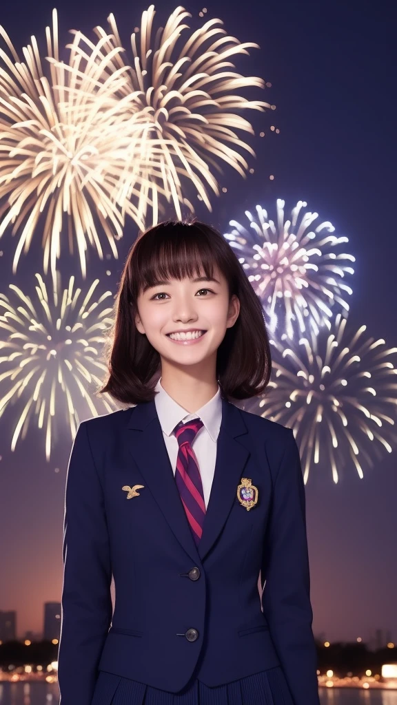 smile、high school girl、uniform、With fireworks in the background、Tokyo Sky Tree