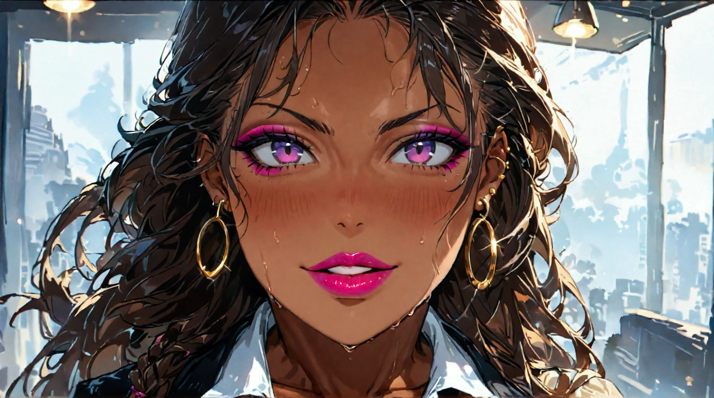 1girl,brown_skin,forehead,hair_intakes,dark_skin, solo, breasts, looking at viewer, skirt, large breasts, simple background, shirt, white background, cleavage, jewelry, purple eyes, collarbone, white shirt,sweaty, gyaru,gyaru makeup, pantyhose, earrings, open clothes, collared shirt, bracelet, open shirt, makeup, lipstick, hoop earrings, mature female, bangle, office lady,Bnw,long hair,hair_tied,,large_breast,dark_skinned,dark_skinned_female,maiden ,naughty_face,nijisuper,(UHD,masterpiece,extremely detailed,shining,masterpiece,super detailed)