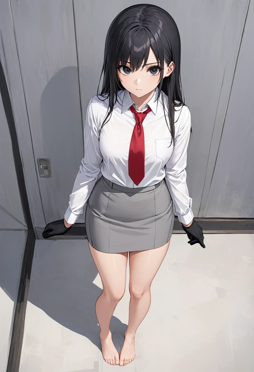gray miniskirt , bare foot , white dress shirt , Gray pencil skirt , whole body , thighs , black hair , black eyes , straight hair , long sleeves , bare legs , View from above , Black gloves , , red tie , standing posture