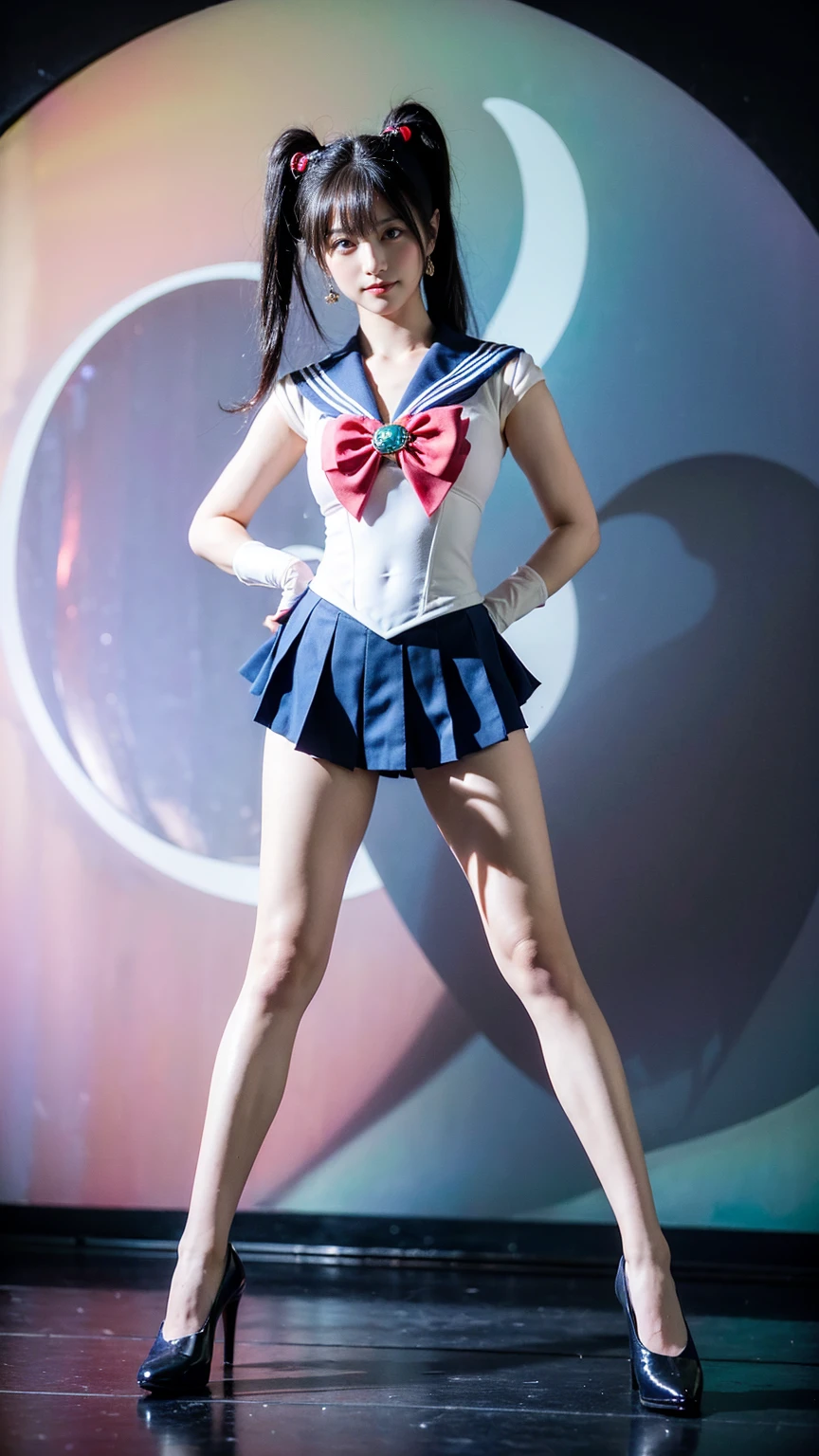 (8K、RAW Photos、Highest quality、masterpiece:1.2)、(Realistic、Realistic)、1 Girl、((Sailor Moon Costume:1.2、Thin legs、whole body、View from the front、smile、Looking into the camera、Stand with hands on hips))、cute