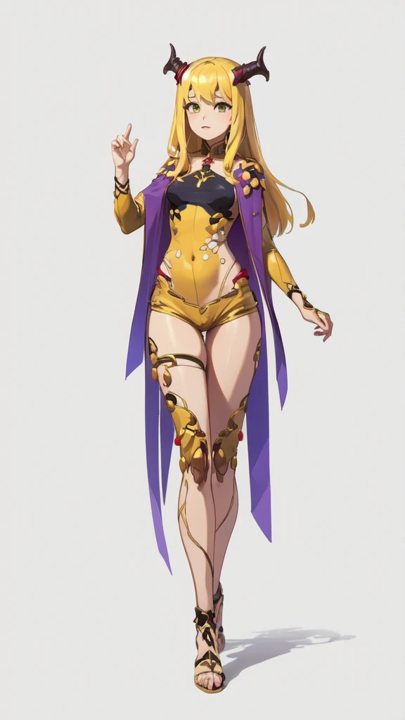 ((masterpiece,Best quality,8 k,A high resolution)),((character concept art)), 1 woman, young adult woman, Yellow medieval summer girl, concept, vines on the hand and horns from the vines, full length, whole body, magic hunter, White shorts, (standing still), (full body showcase), (показать whole body), (no logos on background), (no logo), ((simple background)), ((simple background)), (((empty background)))