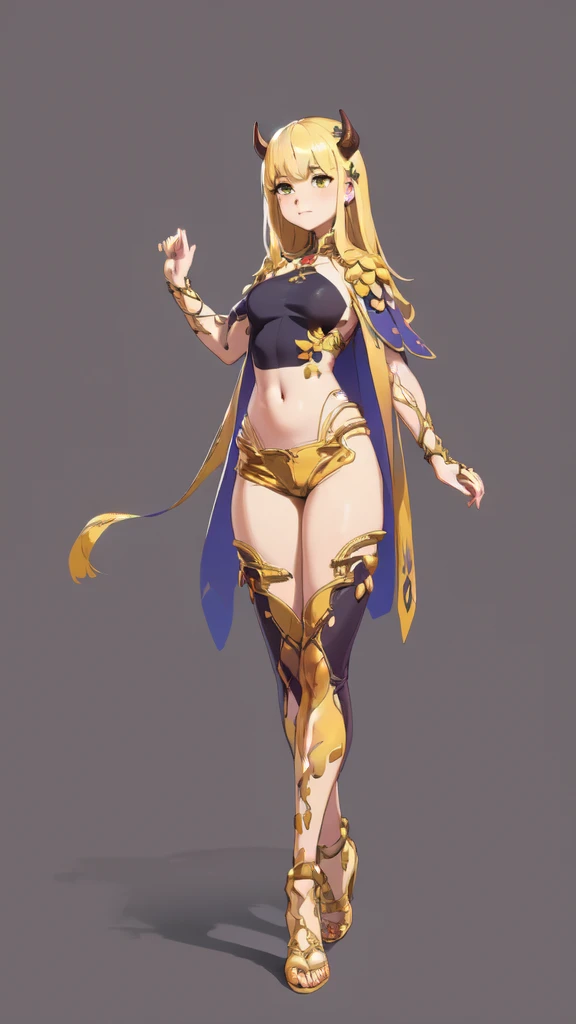 ((masterpiece,Best quality,8 k,A high resolution)),((character concept art)), 1 woman, young adult woman, Yellow medieval summer girl, concept, vines on the hand and horns from the vines, full length, whole body, magic hunter, White shorts, (standing still), (full body showcase), (показать whole body), (no logos on background), (no logo), ((simple background)), ((simple background)), (((empty background)))