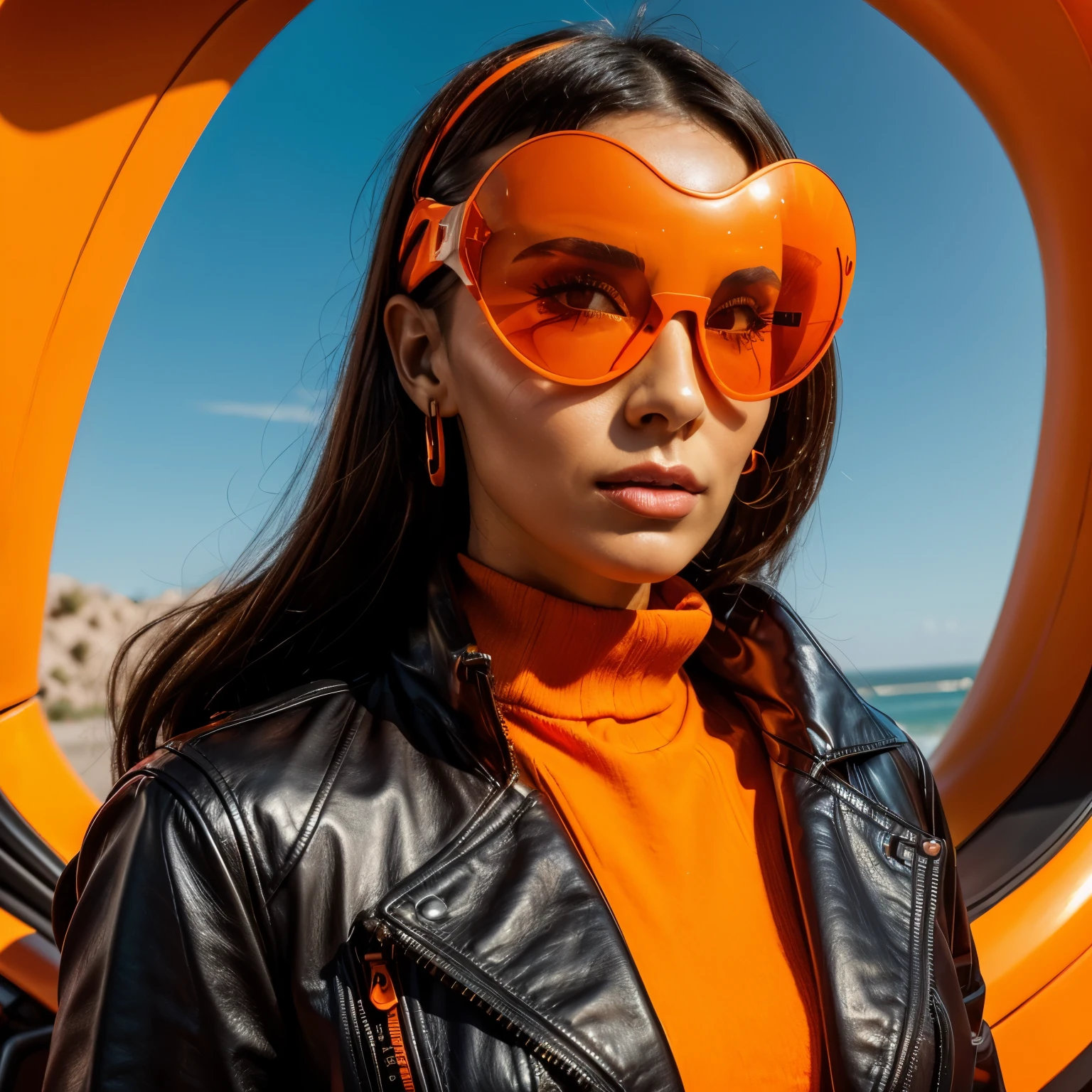 a close up of a woman wearing orange sunglasses and a black leather jacket, vector art by Andrei Kolkoutine, trending on zbrush central, retrofuturism, wearing orange sunglasses, orange sunglasses, futuristic sunglasses, fashionable futuristic woman, futuristic glasses lenses, retro futuristic fashion, orange skin, retro futuristic style, black and orange, photography alexey gurylev, futuristic look